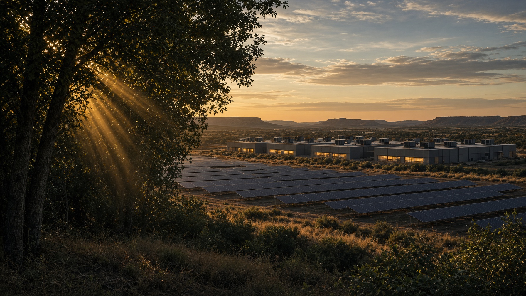 Dappled forest light opening onto an existing solar field and modular AI halls